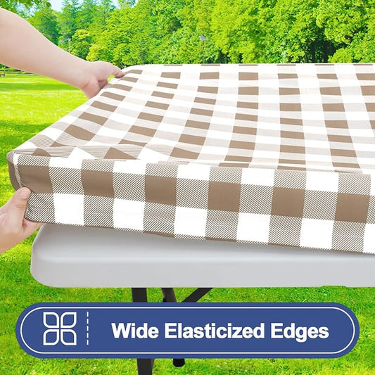Smiry Picnic Table Cover with Bench Covers, Waterproof Elastic Fitted Tablecloths for 5 Foot Rectangle Tables, Washable Buffalo Plaid Tablecloth for Camping, Outdoor (Khaki & White, 30"x60")