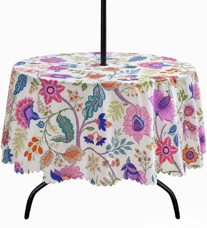 60 Inch Outdoor Round Tablecloth with Umbrella Hole and Zipper, Spillproof Wrinkler-Free Paisley Patio Table Cover for Spring Summer Backyard Party BBQ Decor