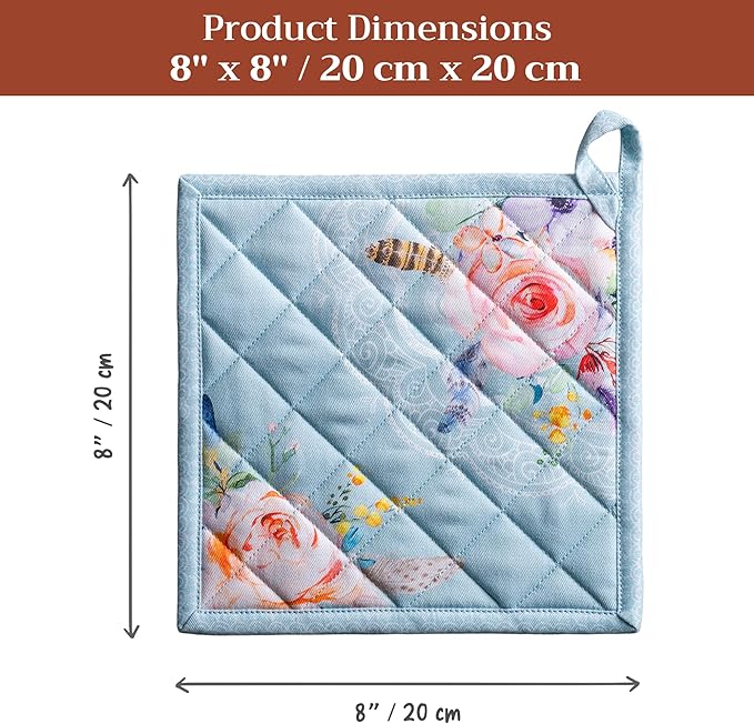 Maison d' Hermine Pot Holders 100% Cotton Heat Resistant Potholders 8" x 8" Hot Pads with Loop BBQ Cooking Baking Hotel Farmhouse Kitchen Handling Hot Pans Spring Summer (Pack of 2, Ibiza - Blue)