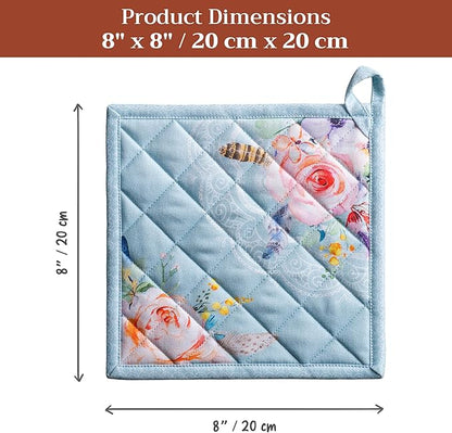 Maison d' Hermine Pot Holders 100% Cotton Heat Resistant Potholders 8" x 8" Hot Pads with Loop BBQ Cooking Baking Hotel Farmhouse Kitchen Handling Hot Pans Spring Summer (Pack of 2, Ibiza - Blue)