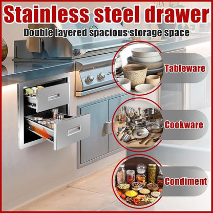 Outdoor Kitchen Double Layer Drawer 14'' W x 14.4'' H x 23'' D Flush Mount BBQ Access Drawers Stainless Steel BBQ Island Drawers with Handle Suitable for Outdoor Kitchen Island Grill Station