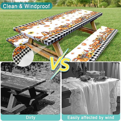 Fall Picnic Table Cover with Bench Covers, Camping Essentials, Buffalo Plaid Thanksgiving Pumpkin Waterproof Windproof, Fitted Tablecloth Cover with Elastic Edge, Indoor & Outdoor, 3 PCS, 30x60 Inch