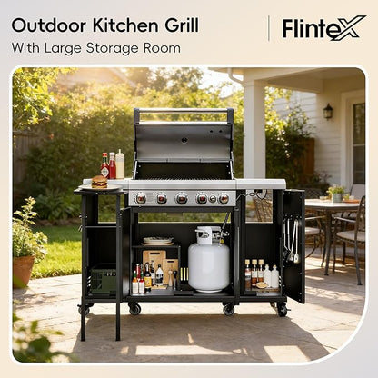 Flintex 5-Burner Propane Gas Kitchen Grill Island with Side Burner,52,000 BTU Stainless Steel BBQ Outdoor Griddle Grill Combo with LPG/NG Convertible and Storage Cabinets & Fold-out Table, Black