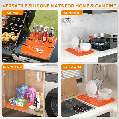 Silicone Griddle Tool Mat Blackstone Griddle Mat for Side Shelf Silicone Utensil Rest with Drip Pad, 5 Removable Grill Spatula Holders & Thermometer Slots, Flat Top Grill Accessories Orange 12x16 Inch