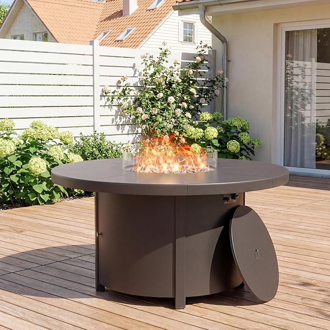 48" Round Propane Fire Pit Table,55000 BTU Round Firepit,Outdoor Fire Pit with Fire Glass,Lid,Waterproof Cover and Blue Glass Stone for Backyard,Garden,Patio