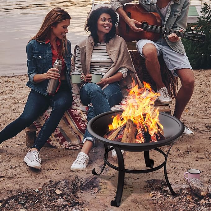 Panovue 22 in Firepit for Outside Outdoor Small Fire Pit,Durable Firepit with Mesh Lid,Log Grate,and Fire Poker,Fire Pit for Outside Backyard.Deck.Camping and Picnic