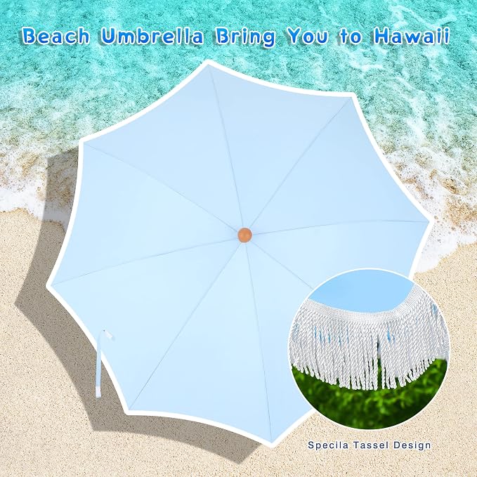 7ft Patio Beach Umbrella with Fringe, Outdoor Umbrella for Poolside, Blue | MFSTUDIO Tassel Umbrellas UPF50+ with Sand Anchor & Tilt Button, Holiday Outdoor Umbrella with Carry Bag, Ideal for Garden