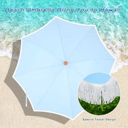 7ft Patio Beach Umbrella with Fringe, Outdoor Umbrella for Poolside, Blue | MFSTUDIO Tassel Umbrellas UPF50+ with Sand Anchor & Tilt Button, Holiday Outdoor Umbrella with Carry Bag, Ideal for Garden