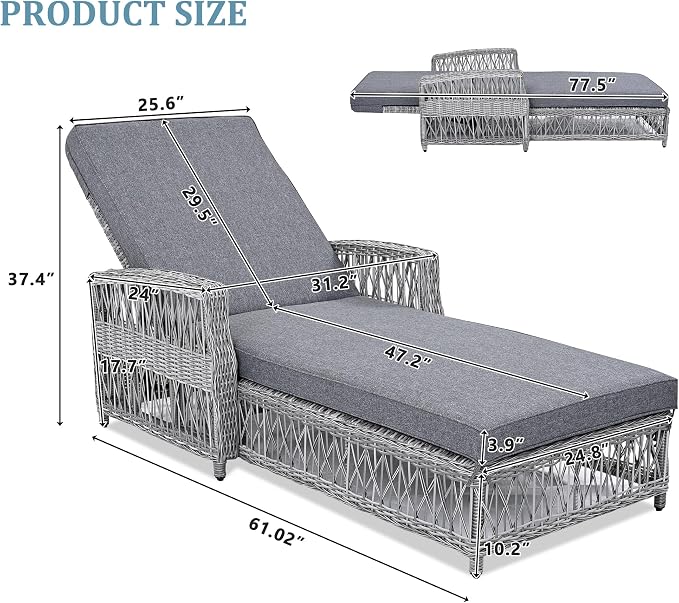 Merax Patio Lounge Chair, Outdoor Rattan Chaise Lounge with 4 Adjustable Backrest and Armrests, All Weather Wicker Reclining Pool Sunbathing Chair & Soft Removable Cushions for Poolside, Garden, Gray