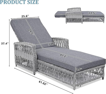 Merax Patio Lounge Chair, Outdoor Rattan Chaise Lounge with 4 Adjustable Backrest and Armrests, All Weather Wicker Reclining Pool Sunbathing Chair & Soft Removable Cushions for Poolside, Garden, Gray