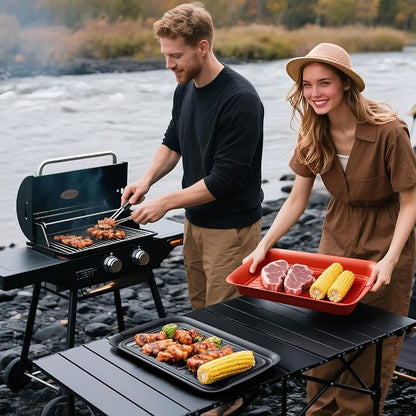 TP Deep Grilling Prep and Serve Trays, 18" x 12", Set of 2, Black&Red | Melamine BBQ Trays, Serving Platters for Meats, Raw and Cooked Food Separation, Lightweight, Break-resistant
