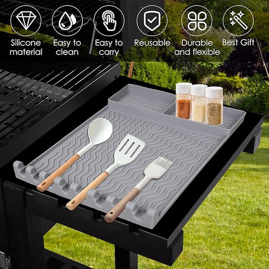 Full-Size Silicone Griddle Mat for Flat Top Grills, Heat Resistant Spatula Holder with Grease Drip Pan, Outdoor Cooking Counter Protector, Gray