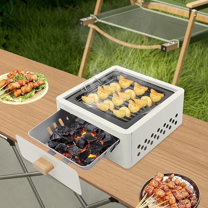 Portable Charcoal Grill, 12.2”x12.2” Square Tabletop BBQ Stove for Outdoor Cooking, Camping, Picnics, Hiking, Compact Outdoor BBQ Grill w/Grill Net & Baking Tray for Barbecuing (White)