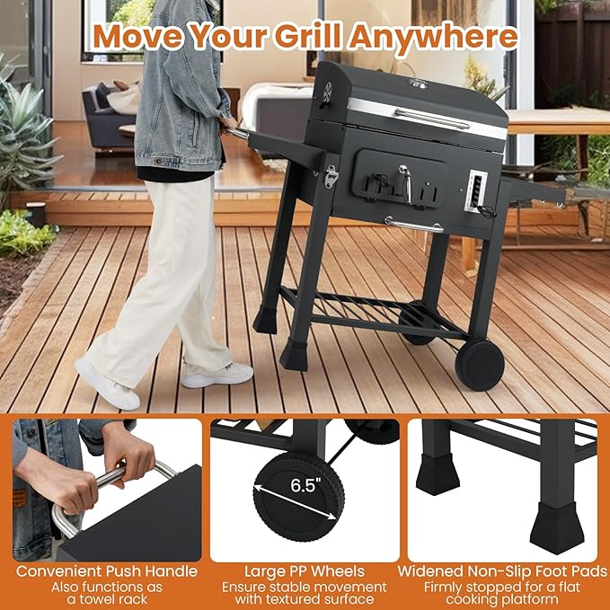 Barrel Charcoal Grill with Side Tables, 544 sq.in Cooking Space, Portable Camping Grill w/Wheels, Charcoal Tray, Pull-out Ash Tray, Thermometer, Outdoor BBQ Grill for Patio, Backyard, Party