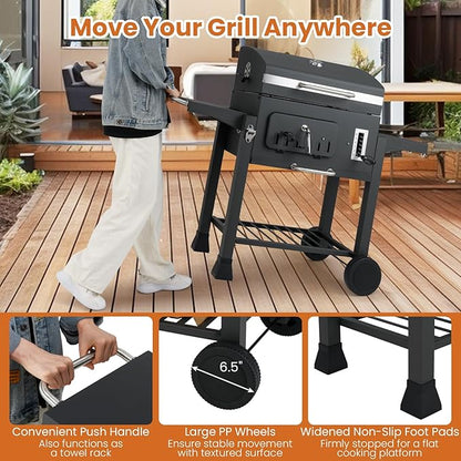 Barrel Charcoal Grill with Side Tables, 544 sq.in Cooking Space, Portable Camping Grill w/Wheels, Charcoal Tray, Pull-out Ash Tray, Thermometer, Outdoor BBQ Grill for Patio, Backyard, Party