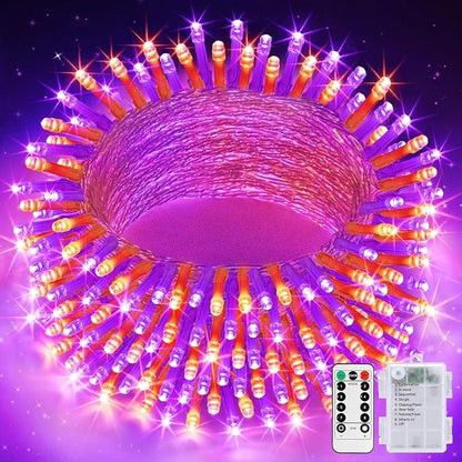 JMEXSUSS 33FT 100 LED Orange and Purple Halloween Lights | Battery Operated Halloween Lights with Remote, 8 Modes String Lights Indoor Outdoor for Room House Porch Tree Yard