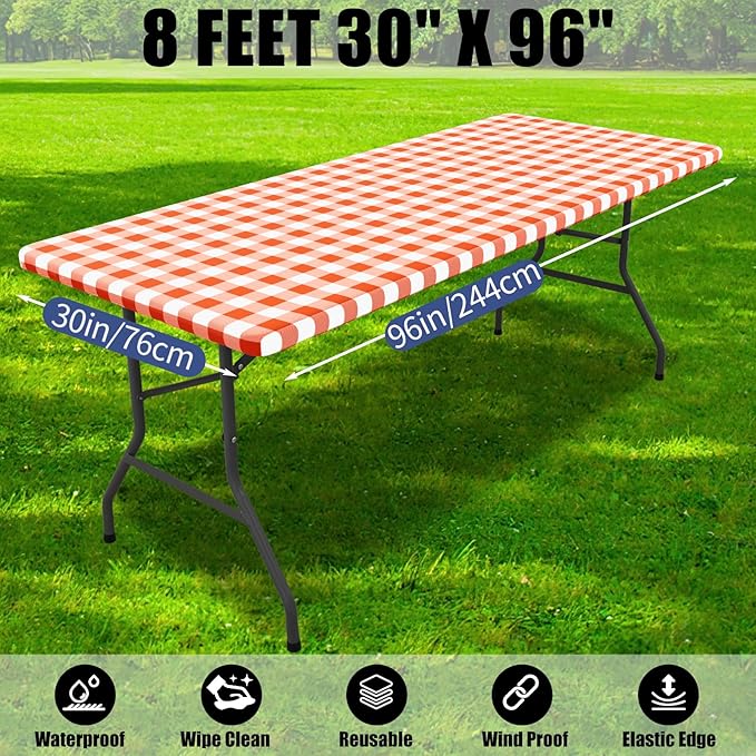 Smiry Picnic Table Cloth 2 Pack, Waterproof Elastic Fitted Tablecloths for 8FT Rectangle Tables, Washable Polyester Buffalo Plaid Tablecloth for Camping, Dining & Outdoor (Orange & White, 30" x 96")
