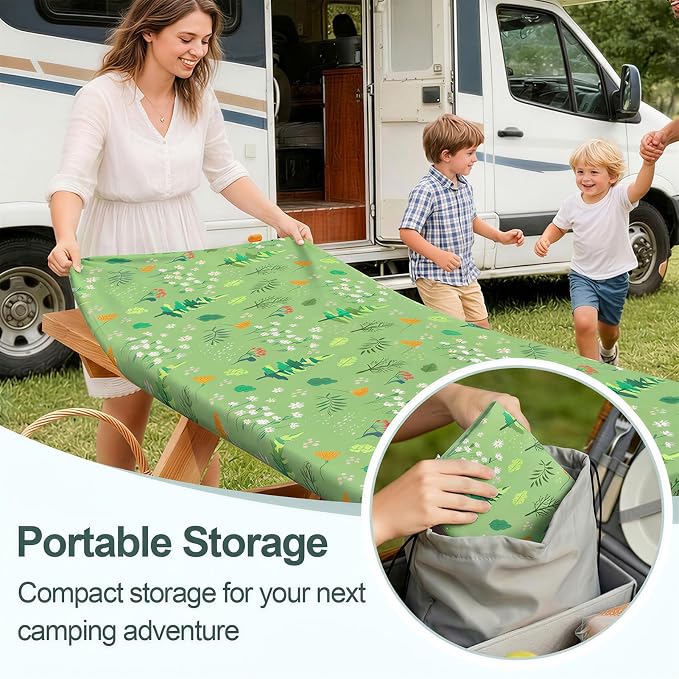 Picnic Table Cover Bench Covers Camping Essentials Tablecloth | Waterproof Vinyl for Outdoor, Windproof Elastic Fitted Edges, RV BBQ Accessories Must Haves, Storage Bag Included