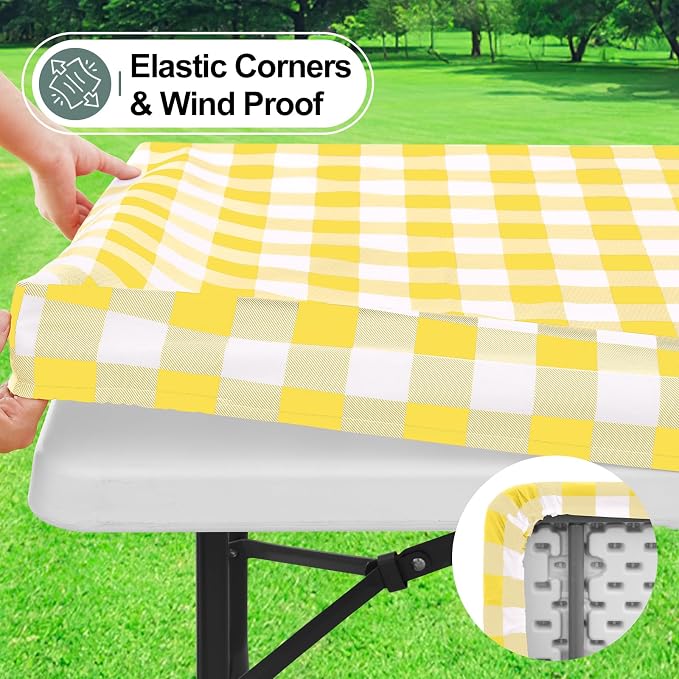 Buffalo Rectangle Picnic Tablecloth, 4 Foot Elastic Fitted Vinyl Table Cloth with Flannel Backing, Waterproof Plaid Table Covers for Dining, Camping, Outdoor (Yellow and White, 24" x 48")