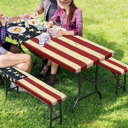 Classic American Flag Picnic Table Cover for Outdoor Camping Patriotism Elastic Fitted Table Cloth for Camping Party Supplies 3 PCS Set