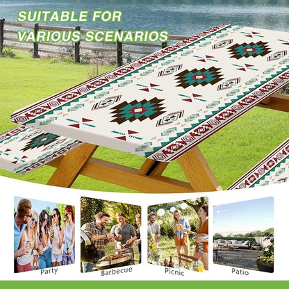 JAWO Fitted Picnic Table and Bench Cover, Southwest Aztec Navajo Tribal Geometric Pattern Waterproof Elastic Picnic Tablecloth for Outdoor Camping Patio Backyard Park, 30X72inch