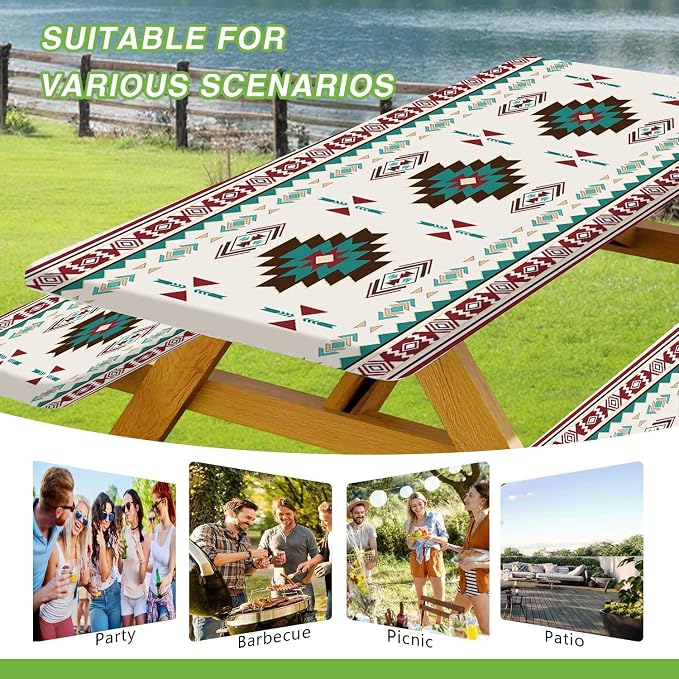 JAWO Fitted Picnic Table and Bench Cover, Southwest Aztec Navajo Tribal Geometric Pattern Waterproof Elastic Picnic Tablecloth for Outdoor Camping Patio Backyard Park, 30X60inch