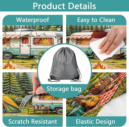 Happy Camping Picnic Table Cover with Bench Covers & Bag, Camping Essentials, RV Tent Forest Mountain Waterproof Windproof Fitted Tablecloth Cover with Elastic Edge for Outdoor Garden 3 PCS 30x96 Inch