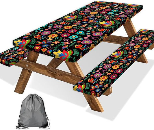 JAWO Mexican Picnic Table Cover Set with Bench Covers Camping Theme Tablecloth 8FT Fitted Picnic Table Cover with Elastic Windproof and Waterproof Fabric, Camping Accessories Patio & Outdoor