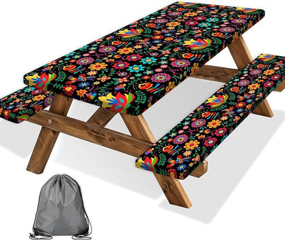 JAWO Mexican Picnic Table Cover Set with Bench Covers Camping Theme Tablecloth 6FT Fitted Picnic Table Cover with Elastic Windproof and Waterproof Fabric, Camping Accessories Patio & Outdoor