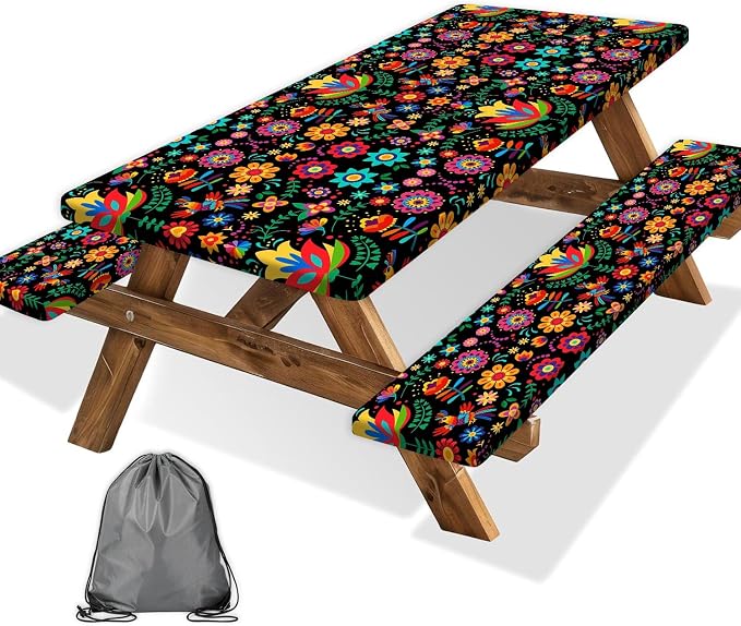 JAWO Mexican Picnic Table Cover Set with Bench Covers Camping Theme Tablecloth Fitted Picnic Table Cover with Elastic Windproof and Waterproof Fabric, Camping Accessories Patio & Outdoor
