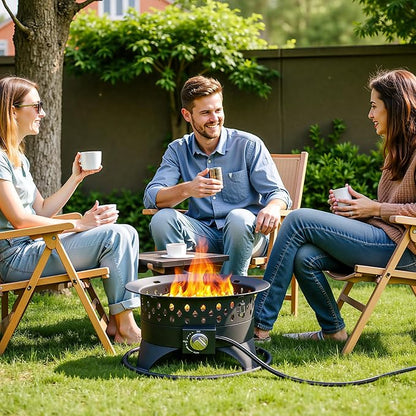 Breezz 20” Outdoor Fire Pit with Grill, 60000 BTU Smokeless Firepit, External Propane Required, Foldable Cooking Grate, Adjustable Flame, Patio Camping BBQ