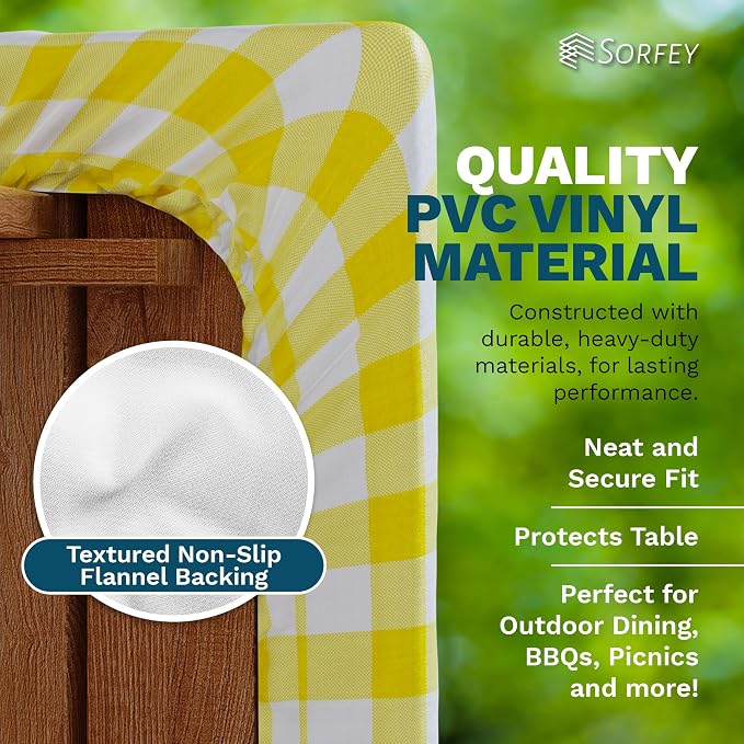 Picnic Table Cover with Bench Covers -Fitted with Elastic, Vinyl with Flannel Back, Fits for Table 30"x 96" Rectangle,Water Proof, Checked Red Design