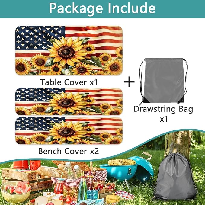 Picnic Table Cover with Bench Covers and Bag, American Flag Sunflower Summer Camping Essentials Outdoor Table Covers with Elastic Picnic Waterproof Fitted Tablecloth for RV Picnic Travel 3pcs 60inch