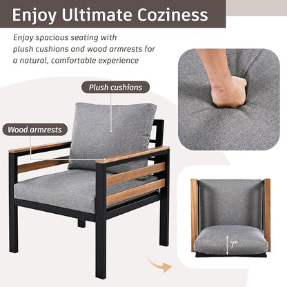 VilroCaz 4-Piece Outdoor Patio Furniture Sectional Sofa Set with Acacia Wood Armrests, All-Weather Conversation Set with Removable Cushion and Solid Wood Coffee Table for Garden Backyard (Grey-TH)