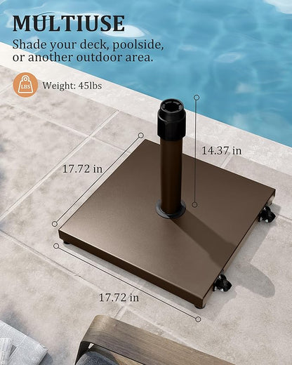 45lbs Patio Umbrella Base with Wheels - Heavy Duty Outdoor Patio Market Umbrella Stand for Deck with Rollers, Poolside, Balcony, Wind-Resistant Design, Brown