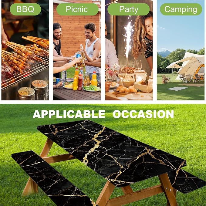 FOREVER QUEEN Picnic Table Cover with Bench Covers 72in,Waterproof Windproof Fitted Tablecloth, Black Marble with Gold Veins Camping Essentials with Drawstring Bag for Patio,Park & Backyard