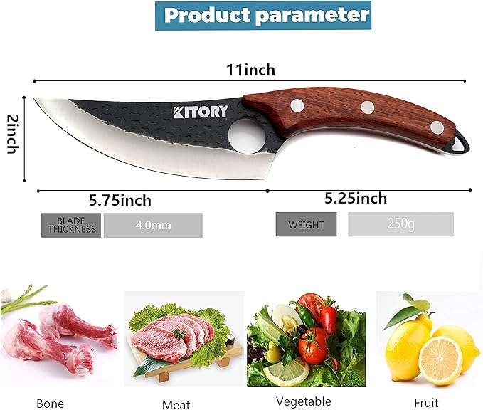 Kitory Butcher Knife for Meat Cutting, Hand Forged Viking Boning Knife with Ergonomic Wood Handle, High Carbon Steel Chinese Chef Knife for Camping, Outdoor, BBQ, Birthday Gift for Men