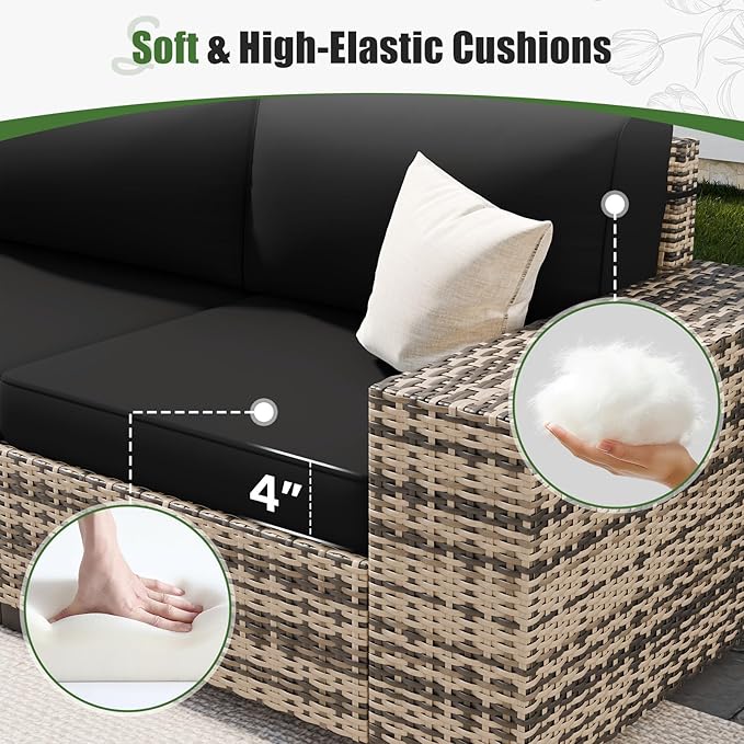 UDPATIO Patio Furniture Set with Fire Pit Table, 8 Inch Armrest Outdoor Sectional Sofas, 5 Piece All-Weather Wicker Conversation for Garden, Backyard