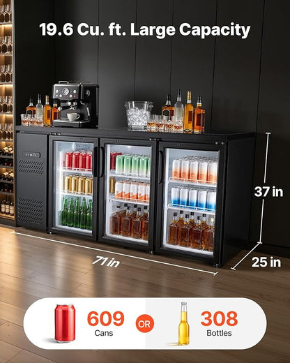 VEVOR Back Bar Cooler, 19.6 Cu. Ft Counter Height Beverage Refrigerator, Commercial Bar Display Fridge w/ 3 Glass Doors, LED Lighting, Fan Cooling Beer Wine Cooler for Pub, Merchandiser, Store