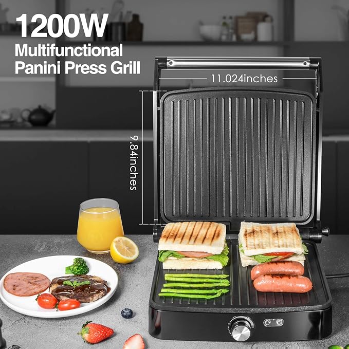 OSTBA Panini Press Grill, 4-Slice Sandwich Maker with Nonstick Plates | 1200W Heating with Adjustable Temperature, 180° Opening, Drip Tray, Stainless Steel, Easy Cleanup