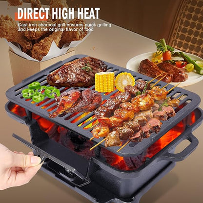 Portable Cast Iron Hibachi Grill - Pre-Seasoned Charcoal Grills, Double-Sided Grate & Adjustable Air Vents, BBQ for Camping, Backyard, Tailgating (Rectangle)