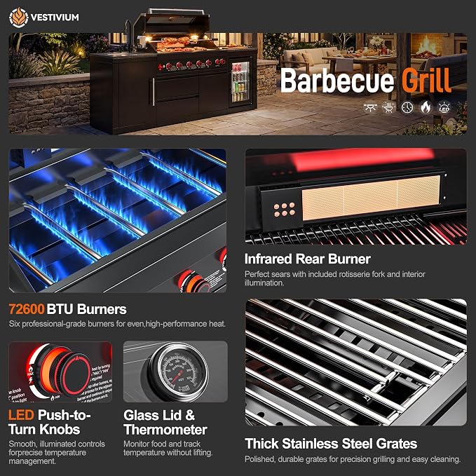 6-Burner Propane Modular Outdoor Kitchen Grill Module 87900 BTU Stainless Steel BBQ for Patio Island Large Family Gatherings Backyard Entertaining LPG