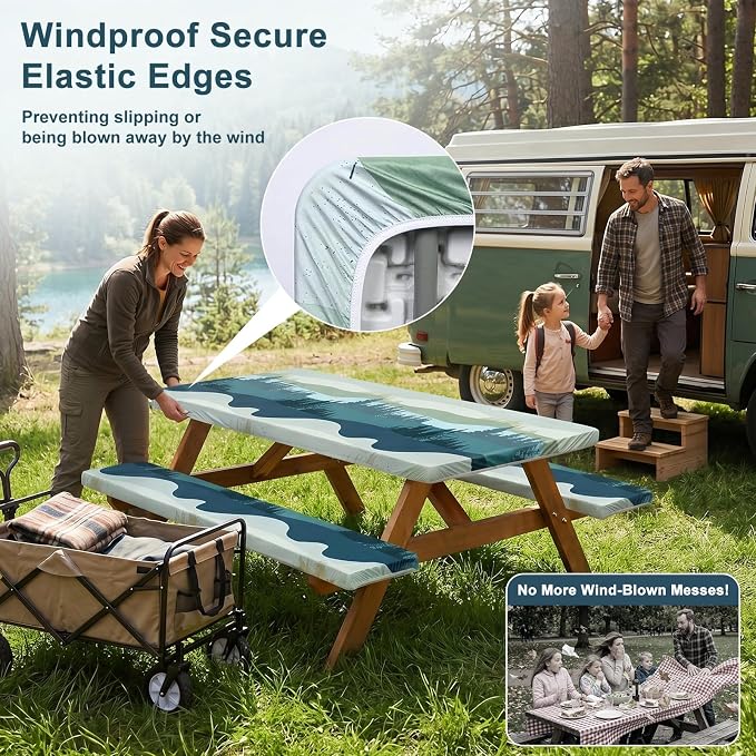 Picnic Table Cover with Bench Covers Windproof Waterproof Picnic Table Covers Camping Tablecloth with Self-Storage Bag, 96in, Green Blue
