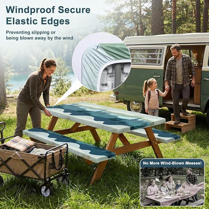 Picnic Table Cover with Bench Covers Windproof Waterproof Picnic Table Covers Camping Tablecloth with Self-Storage Bag, 96in, Green Blue