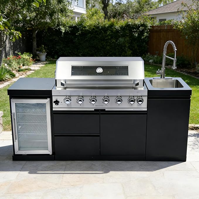 82-Inch 6-Burner Propane Gas Outdoor Kitchen Grill Island - 85000 BTU Stainless Steel BBQ, Refrigerator, Rotisserie, Stainless Countertops, Storage Cabinets/Drawers, For Patio, Lawn, Backyard, Black