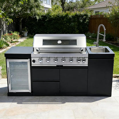 82-Inch 6-Burner Propane Gas Outdoor Kitchen Grill Island - 85000 BTU Stainless Steel BBQ, Refrigerator, Rotisserie, Stainless Countertops, Storage Cabinets/Drawers, For Patio, Lawn, Backyard, Black