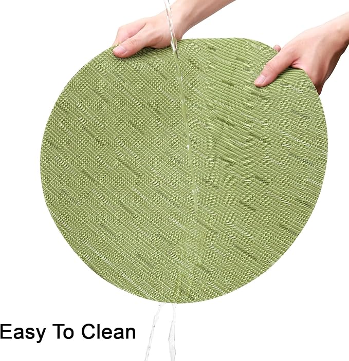15 Inch Round Placemats Set of 4, Washable Vinyl Woven Place Mats | Heat Resistant Non-Slip Braided Table Mats for Dining Table Kitchen Indoor & Outdoor Use (Green, Set of 4)
