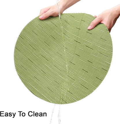 15 Inch Round Placemats Set of 4, Washable Vinyl Woven Place Mats | Heat Resistant Non-Slip Braided Table Mats for Dining Table Kitchen Indoor & Outdoor Use (Green, Set of 4)