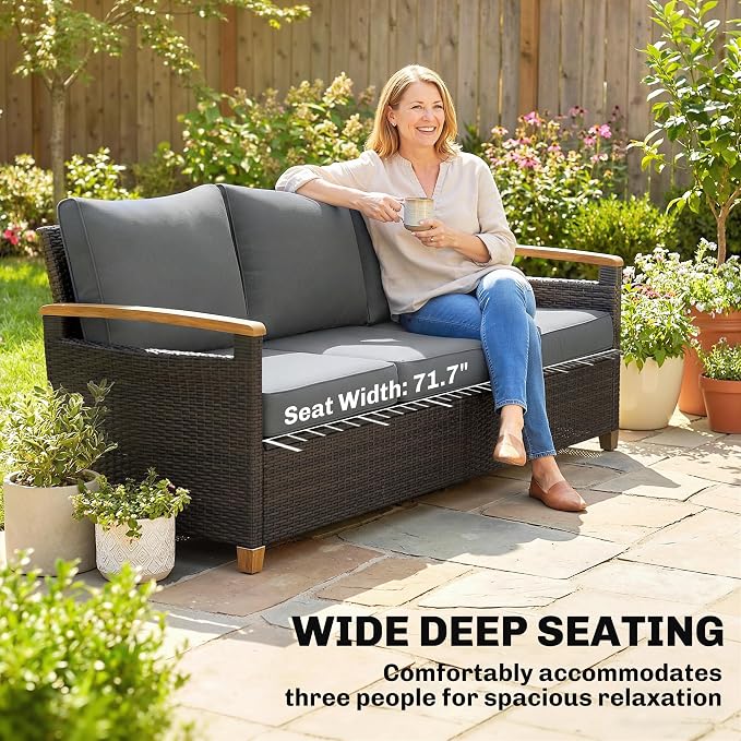Outsunny 3 Seater Outdoor Couch Sofa, PE Wicker Patio Couch with Wide Deep Seating, 4" Foam Cushions, Wood-Effect Armrests and Legs, Patio Sofa Furniture for Garden, Backyard, Porch, Gray