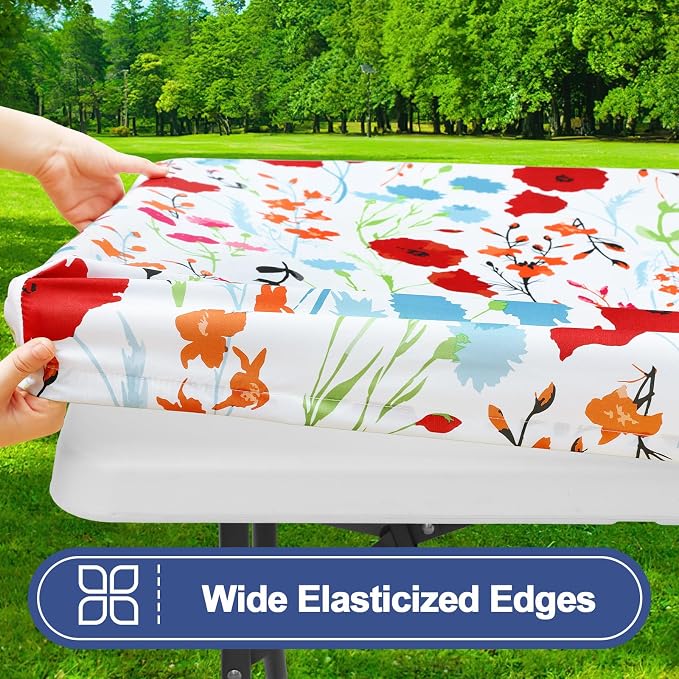Smiry Picnic Table Cover with Bench Covers, Waterproof Elastic Fitted Tablecloth for 6 Foot Tables, Washable Polyester Tablecloths for Camping, Indoor & Outdoor (Flower, 30x72 Inch 3-pc Set)